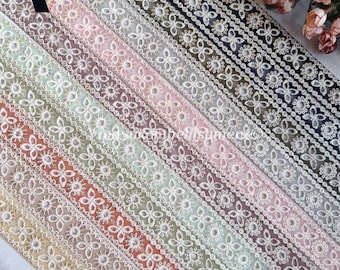 9 yard 1&quot; Floral White sequins Embroidered fabric ribbon, Boho Tote bag strap belt crafting sewing Junk Journal, hat making, hair band