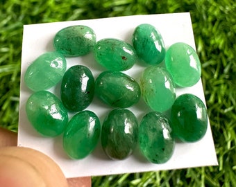 Natural Zambian Emerald Cabochons: 5x7mm Oval Green Gemstones, 13 Pcs