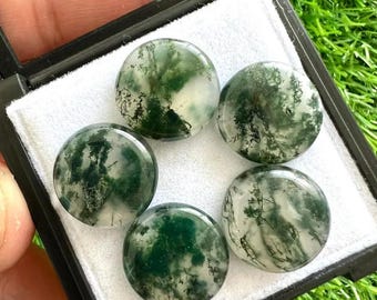 May include: Five round moss agate cabochons displayed in a black case with a white interior. The stones feature a mix of translucent white and green patterns, resembling natural landscapes. The cabochons are smooth and polished.