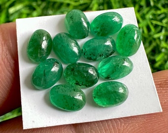 Natural Zambian Emerald Cabochons: 6x4mm Oval Gemstone Lot (11 Pcs)