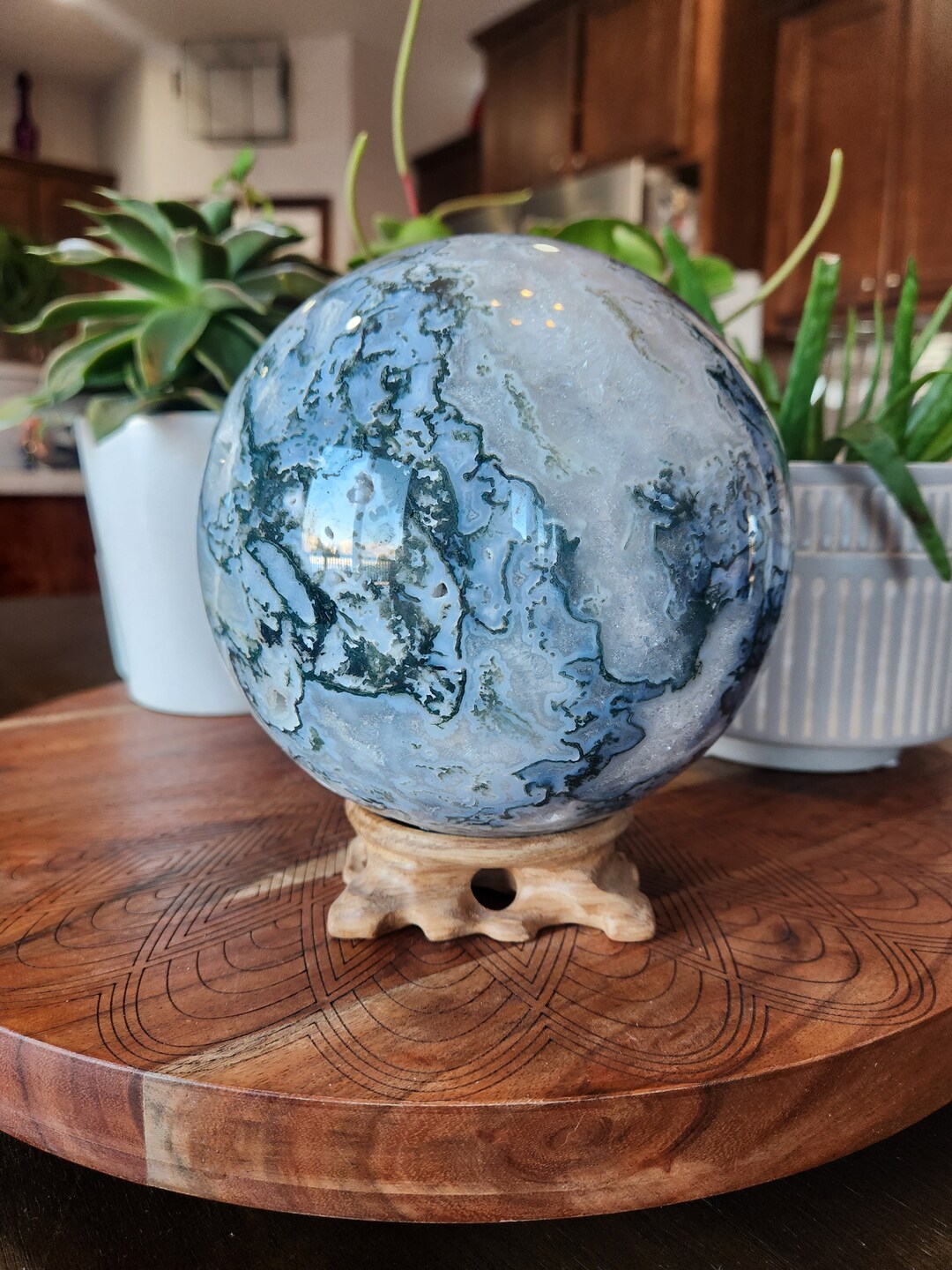 Large Moss Agate Crystal Sphere Crystal Ball Wood Stand Etsy