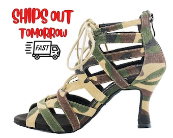 Camouflage Print Salsa Dance Shoes for Women Latin Dance Boots 7.5cm Heel