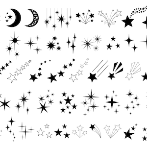SVG - PNG - JPEG | 50 Shooting Sparkle Stars Clipart l Black Vector Art l Lineart Silhouettes