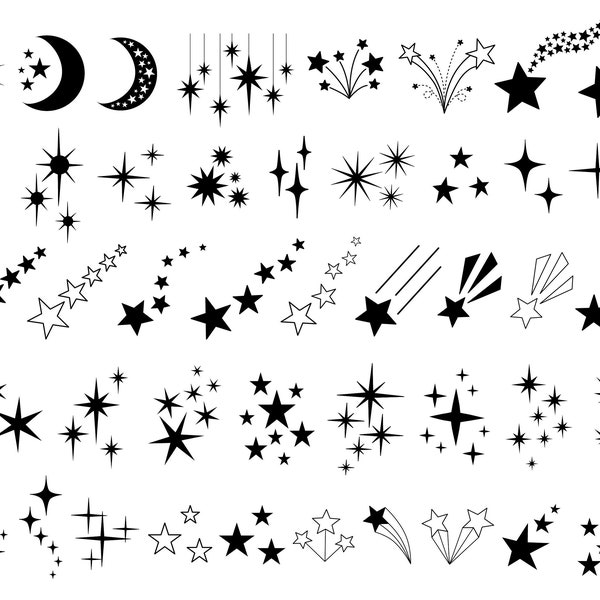 SVG - JPEG - PNG | 50 Shooting Sparkle Stars Clipart l Black Vector Art l Lineart Silhouettes