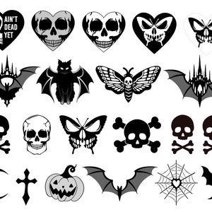 SVG - PNG - JPEG | 20 Halloween Spooky Gothic Skulls and Bats | Clipart - Black Vector Art