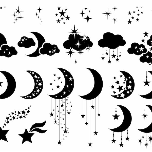 SVG - JPEG - PNG | 28 Moon, Clouds, Stars, Sparkle Shooting | Clipart l Cricut Lineart