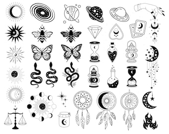 SVG - PNG - JPEG | Celestial Bundle Mystical Stars, Moon, Boho | Black and White Clipart Lineart Silhouettes | Cricut