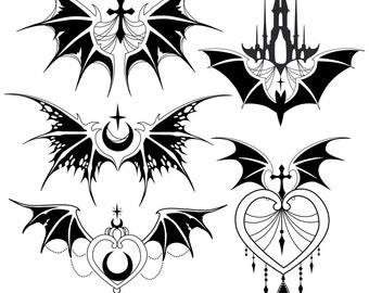 SVG - JPEG - PNG | Gothic Decorative Bat Wings Bundle | Tattoo Inspired | Clipart - Black Vector Art