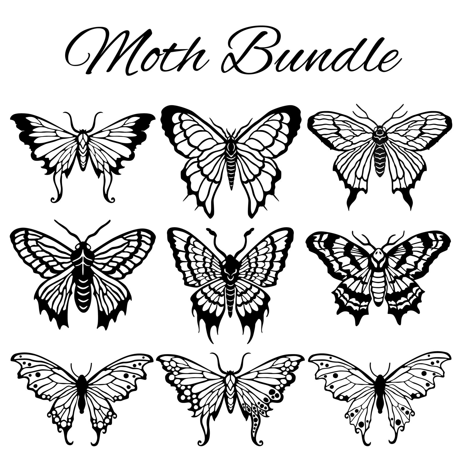SVG JPEG PNG Moths Bundle of 9 Clipart Black Vector - Etsy