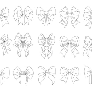 May include: A set of 16 black and white line drawings of different bow designs. The bows are all tied in a variety of ways, with some having hearts in the center.