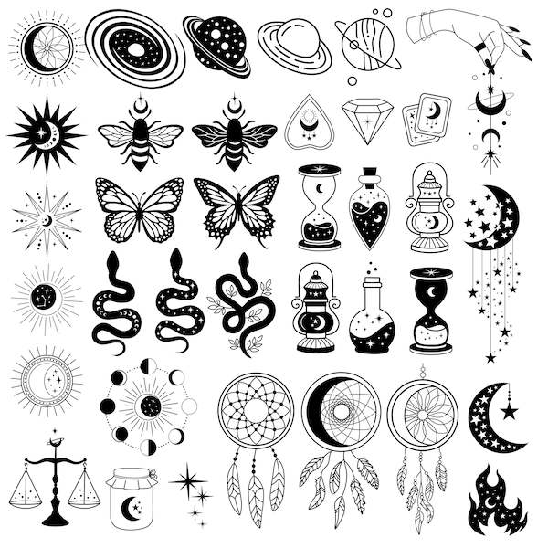 Ai - SVG - JPEG - PNG | Celestial Mystical Stars Moon Magical Boho Stargazer Tarot | Bundle of 47 | Black and White Clipart Vector Line Art