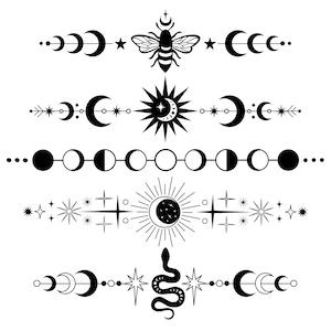 Puede incluir: Ilustración en blanco y negro de un conjunto de cinco divisores celestiales. Cada divisor presenta una combinación diferente de símbolos de lunas, estrellas y sol. Los divisores son perfectos para agregar un toque de magia a tus proyectos digitales o físicos.