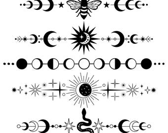 May include: Black and white illustration of a set of five celestial dividers. Each divider features a different combination of moons, stars, and sun symbols. The dividers are perfect for adding a touch of magic to your digital or physical projects.