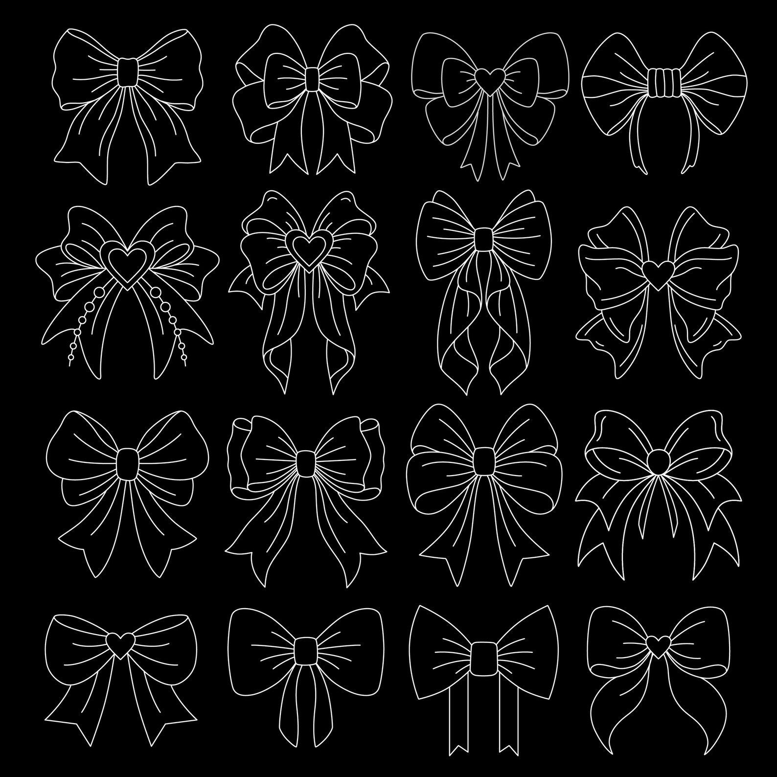 Maim Vector SVG - PNG - JPEG | 16 Decorative Ribbon Bows | Clipart - Black and ...