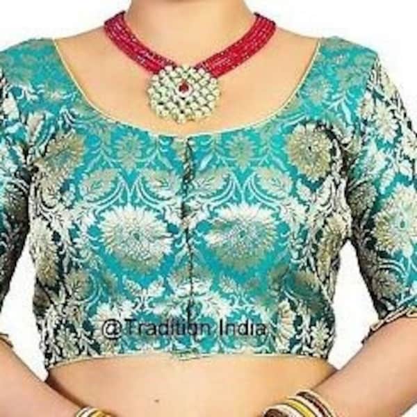 Readymade Teal Green Saree Blouse, Designer Saree Blouse,Banarasi Silk Sari Blouse, Sari Top , Indian Sari, Elbow Sleeves Blouse
