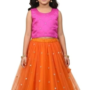 Lehenga Choli de seda dupion naranja y rosa para niñas: vestido festivo indio