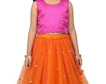 Girls' Dupion Silk Orange and Pink Lehenga Choli: Indian Festive Wear Dress