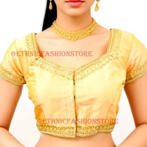 Camicetta Sari pronta da lavoro Kundan, Camicetta Sari firmata, Camicetta dorata, Camicetta Sari indiana da festa, Top corto pronto da indossare a maniche corte