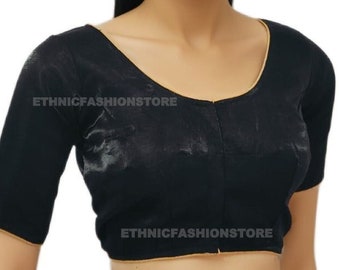 Black Tafetta Silk Half Sleeves Readymade Saree Blouse, Party Wear Sari Blouse, Simple Saree Blouse, Black Blouse, Designer Blouse, Crop Top