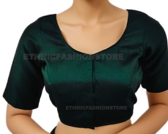 Stock SALE- Dark Green Tafetta Silk Half Sleeves Readymade Saree Blouse, Party Wear Sari Blouse, Green Saree Blouse, Designer Sari Blouse