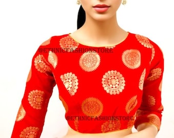 Banarasi Brocade Readymade Saree Blouse, Stitched Sari Blouse, Red Blouse, Party Wear Saree Blouse, Long Sleeves Ready to Wear Crop Top
