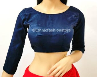 Navy Blue Designer Saree Blouse, Readymade Saree Blouse, Sari Blouse With Long Sleeves, Dupion Silk Boat Neck 3/4 Sleeves Saree Blouse
