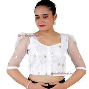Fertige weiße Saris-Bluse, Ellbogenärmel Netz-Sari-Bluse, Designer-Pailletten-Arbeits-Sari-Bluse, Oberweite - 34