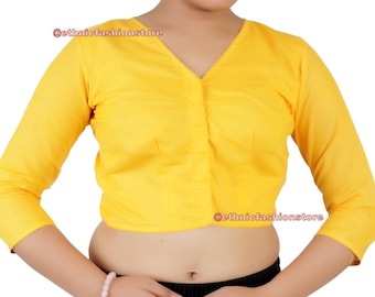 Stock SALE -Ready To Wear Yellow V Neck Cotton Sari Blouse, Pure Cotton Saree Blouse, Elbow Sleeve Cotton Blouse, Plain Yellow Cotton Blouse