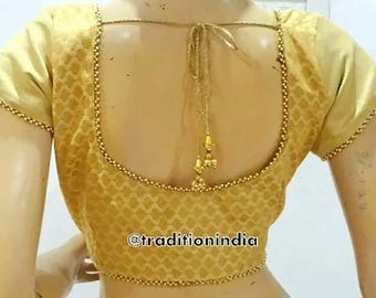 Golden Saree Blouse: Readymade Indian Sari, Short Sleeves