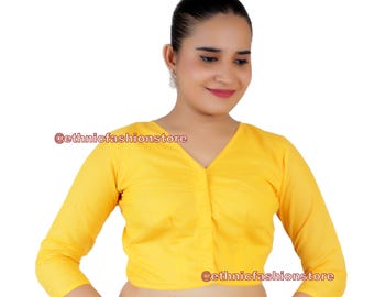 Yellow V neck Cotton Saree Blouse, Pure Cotton Sari Blouse, Elbow Sleeve Cotton Blouse, Plain Cotton Blouse, Designer Cotton Blouse