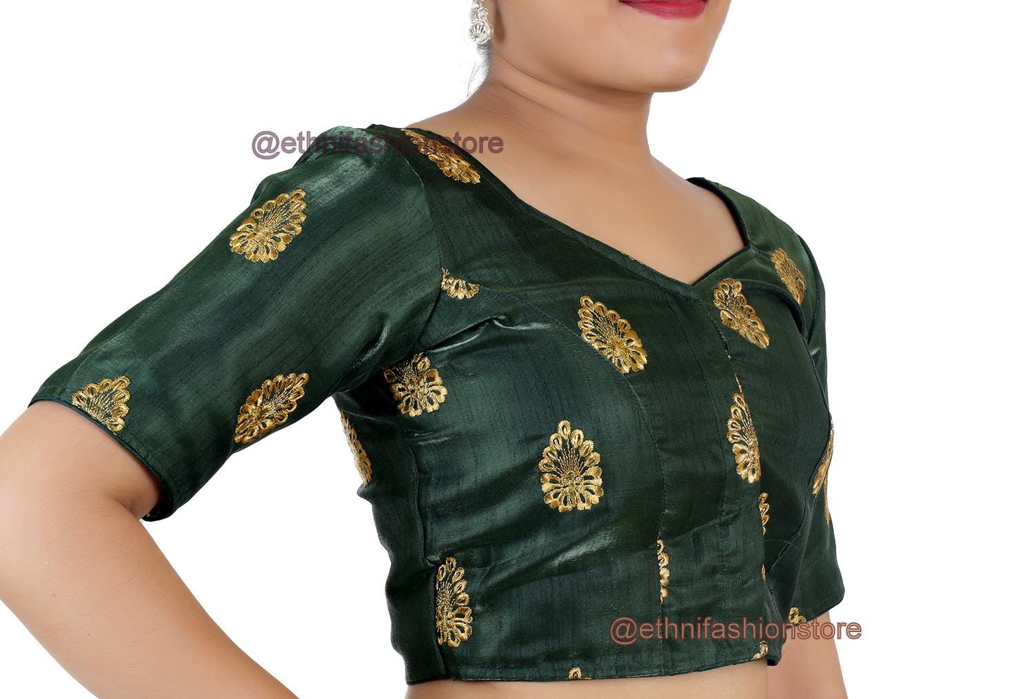 Stock Sale -Dark Green Ready made Tafetta Silk Saree Blouse,Party Wear Blouse, Blouse for Women, Designer Choli Blouse Bust Size - 34