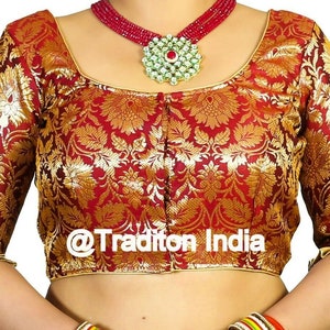Camicetta Saree marrone pronta all&#39;uso, Camicetta Saree Designer, Camicetta Sari di seta Banarasi, Top Sari, Sari indiano, Camicetta maniche a gomito