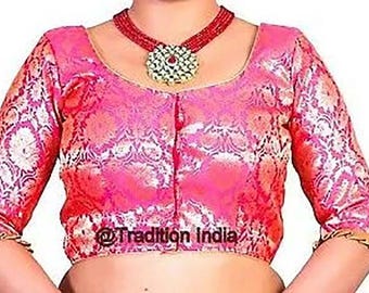 Readymade Pink Banarasi Silk Saree Blouse: Elbow Sleeves Sari Top
