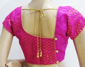 STOCK SALE - Designer Hot Pink Short Sleeves Saree Blouse, Ready to Wear Saree Blouse, Indian Sari Blouse, Chanderi Silk Saree Blouse