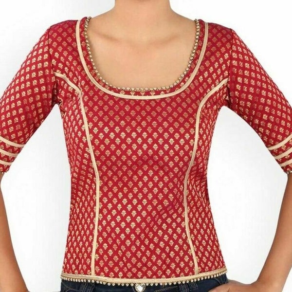 Red Chanderi Silk Long Blouse, Indian Blouse, Lehenga Blouse, Traditional Saree Blouse, Readymade Saree Blouse, Designer Sari Blouse