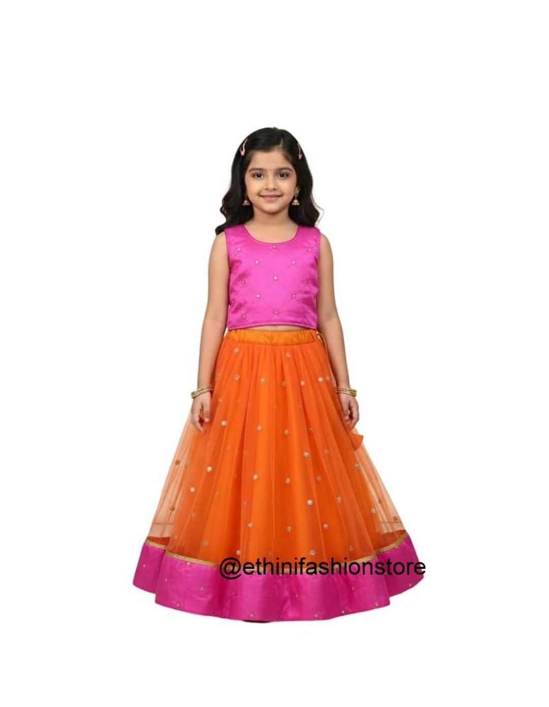 Girls' Dupion Silk Orange and Pink Lehenga Choli: Indian Festive Wear ...