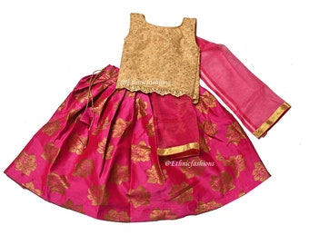 Hot Pink &Golden Lehenga Set voor meisjes, Readymade Etnische Dragen Kinderen Lehenga, Feestelijke Dragen, Pasgeboren baby Pavadai Set, Meisjes Lehenga Choli