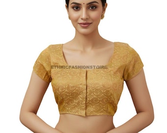 Indian Traditional Saree Blouse, Gold Brocade Silk Blouse, Plus Size Blouse