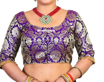 Stock SALE - Readymade Purple Saree Blouse, Designer Saree Blouse, Banarasi Silk Sari Blouse, Sari Top , Indian Sari, Elbow Sleeves Blouse