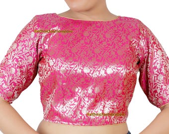 Hot Pink Banarasi Elbow Sleeves Saree Blouse , Readymade Saree Blouse, Indian Sari Blouse, Black Saree Blouse, Elbow Sleeves Saree Blouse