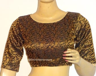 Women's Black Sari Blouse, Handmade Elbow Sleeves Saree Blouse, Boat Neck Sari Blouse, Blouse for Saree, Short Top Brocade Silk Saree Blouse