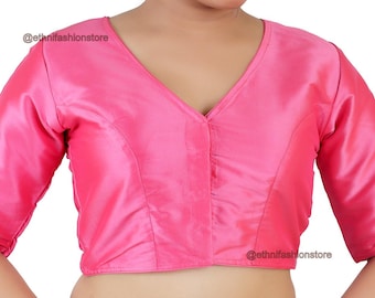 Rose Pink Saree Blouse, Tafetta Silk Sari Blouse, Elbow Sleeve Blouse, Solid Pink Saree Blouse, Party Wear Blouse, Closed Back Saree Blouse
