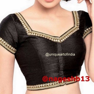 Readymade Saree Blouse, Designer Sari Blouse, Traditional Saree Blouse, Black Dupion Silk Saree Blouse, Kundan Work Blouse