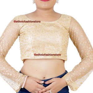 Camicetta Saree firmata, camicetta Saree pronta all&#39;uso, camicetta Sari indiana, camicetta Saree in seta Dupion con maniche a rete, camicetta a maniche lunghe
