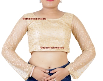 Designer Saree Blouse, Readymade Saree Blouse, Indian Sari Blouse, Dupion Silk Saree Blouse with Net Sleeves, Long Sleeves Blouse