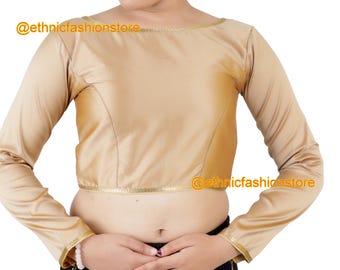 Stock SALE - Indian Sari Blouse, Dark Gold Saree Blouse, Boat Neck and Long Sleeve Saree Blouse Bust Size -32