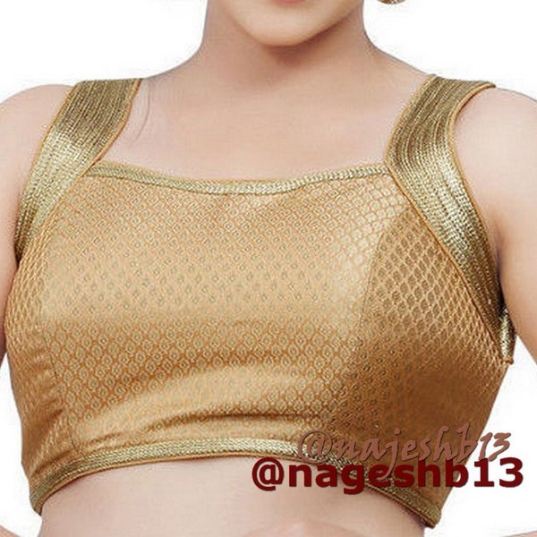 Gold Brocade Silk Blouse, Indian Saree Blouse, Halter Neck Padded Blouse, Readymade Saree Blouse, Designer Sari Blouse