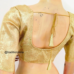 Women's Saree Blouse, Readymade Banarasi Silk Blouse, Gold Sari Blouse, Plus size Saree Blouse, Elbow Sleeves Saree Top image 2