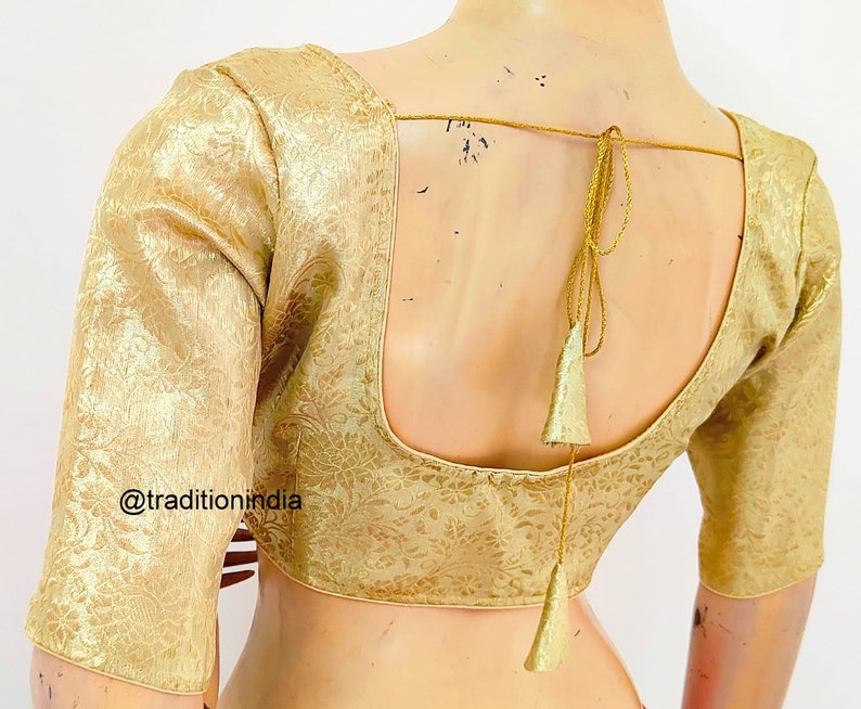 Women's Saree Blouse, Readymade Banarasi Silk Blouse, Gold Sari Blouse, Plus size Saree Blouse, Elbow Sleeves Saree Top image 2