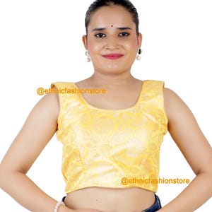 Camicetta sari gialla pronta all&#39;uso, camicetta sari firmata, camicetta sari in seta broccata, top sari, camicetta sari indiana, camicetta senza maniche